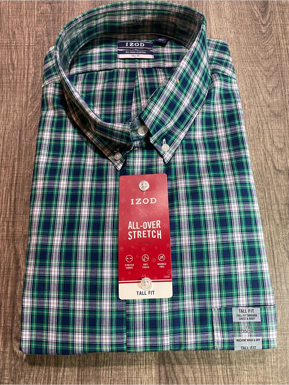 IZOD Men's Green Plaid Button-Down Shirt - Tall Fit 19 - 35/36